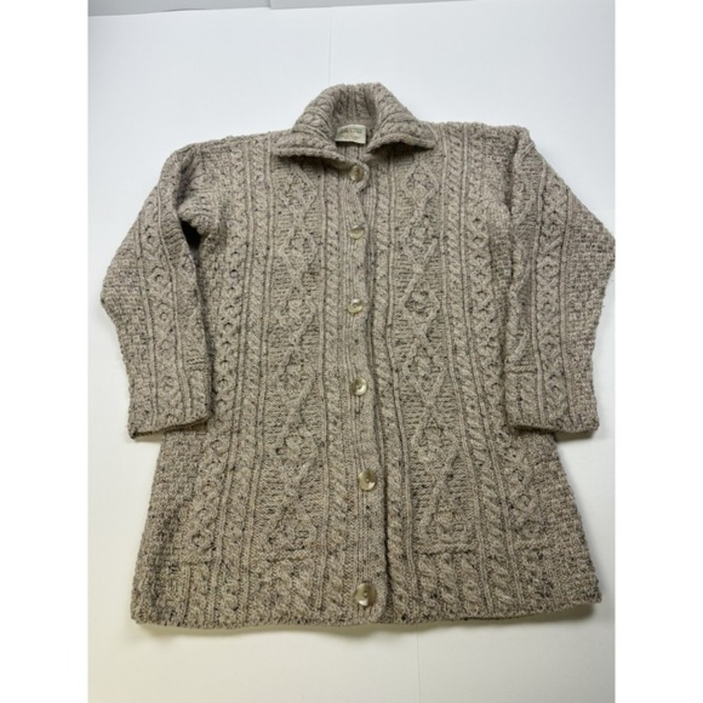 Vintage Kilronan Knitwear Women's Cable Wool Knit Cardigan Sweater Size M‎ Beige